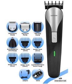 Resim GOLDMASTER Kablolu ve Kablosuz Sıfır Başlıklı Paslanmaz Çelik Standlı 9 In 1 Erkek Bakım Seti Ve Tıraş Makinesi 