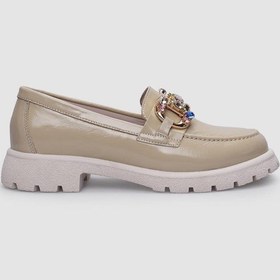 Resim %100 Hakiki Deri Tokalı Bej Rugan Kadın Ayakkabı Bej 