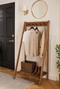 Resim pinoxi Kahverengi Doğal Ahşap Vestiyer Askılık Ayakkabılık 155x77x40 Cm 
