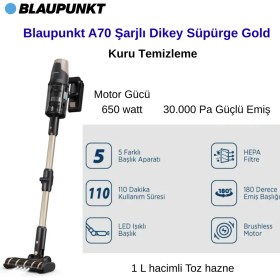 Resim Blaupunkt A70 Şarjlı Dikey Süpürge Gold 650 Watt Güçlü Emiş 1 Lt Toz Haznesi ile Kuru Temizleme 