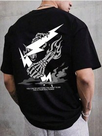 Resim İskelet Şimşek T-shirt - Siyah Baskılı Oversize Bisiklet Yaka Kısa Kol Tişört Siyah 