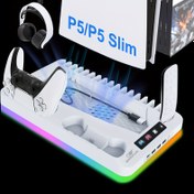 Resim PS5 için P5/P5 İnce Oyun Üssü, 7 Renkli RGB Aydınlatma, Çift Fanlı Soğutma, 2’si 1 Arada Kumanda Şarj Cihazı ve Depolama, Kulaklık Askısı, USB Hub & Disk Organizatör 