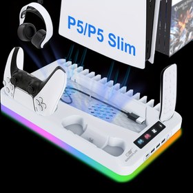 Resim 7 Renkli Işık Efektli Kulaklık Askısı, CD Saklama Tutucu, Oyun Kumandası ve Çift Koltuk Şarjı ile P5/P5 Slim Evrensel Çok Fonksiyonlu Soğutma Fanı Tabanı 