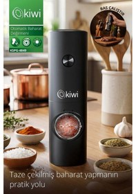 Resim Kiwi Kspg-4849 Pilli Işıklı Tuz Karabiber Değirmeni Otomatik Baharat Öğütücü Siyah 