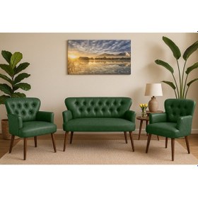 Resim Azra Mobilya Yeşil Deri Chester Tarz Koltuk Takımı Modern Tasarım, Dayanıklı Ahşap Ayaklı Oturma Grubu 2+1+1 Yeşil 