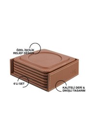 Resim Bardak Altlığı,6 Lı Set,masaüstü Yuvarlak Cup Coaster,vegan Suni Deri,11x11 Cm.,taba Taba 