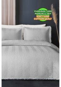 Resim Evlen Home Ponponlu %100 Pamuk Tek Kişilik Günlük Yatak Örtüsü Pike Takımı Seti Gri 