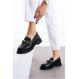 Resim Shoetek Rauga Kadın Makosen Ayakkabı Tokalı Babet Siyah Kroko Deri Siyah 