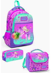 Resim Coral High Kids Açık Pembe Mor Unicornlu Prenses Desenli 3 Lü Okul Çanta Seti Set0123481 