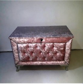 Resim Çeyiz Sandık Kapitone Büyük Tekli Model Pembe Kadife Kumaş 