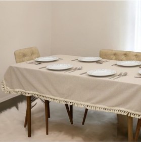 Resim Dnc Home Tekstil Bej Pamuk Keten Ponponlu Masa Örtüsü Bej 