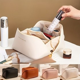 Resim Şık PU Yastık Şekilli Makyaj Çantası - Büyük Kapasiteli, Çeşitli Kozmetik ve Banyo Malzemeleri İçin Bölünmüş Bölümler, Sevgililer Günü, Şükran Günü ve Daha Fazlası İçin İdeal Hediye, Seyahat Çantası | Şık Makyaj Çantası | Dayanıklı Fermuar Kapatma, Makyaj Organizatör Çantaları 