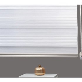 Resim Ekru Beyaz Geniş Plise Eteği Düz Stor Zebra Güneşlik Perde Alüminyum Kasa, Metal Ayak Mat Beyaz 