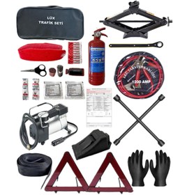 Resim Halidi 7 PARÇA SET TRAFİK SETİ+KRİKO+BİJON+TAKVİYE KABLOSU+KOMPRESÖR+KAZA TUTANAĞI+ELDİVEN 