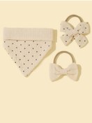 Resim Chickiddies Puantiyeli Bej 2'li Bebek Kurdele Bandana Ve Önlük Fular Seti 