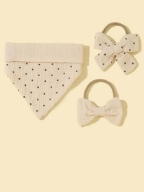 Resim Chickiddies Puantiyeli Bej 2'li Bebek Kurdele Bandana Ve Önlük Fular Seti 