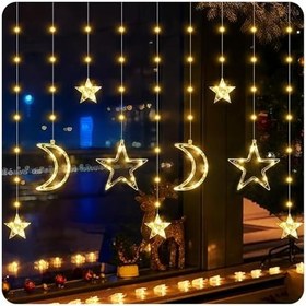 Resim Ay Yıldız Saçak LED Perde Işık, 8 Farklı Işık Modu, 3 Metre Uzunluğunda, 138 LED’li Sarı Işık, 12 Sarkıtlı Yıldız ve Ay, Su Geçirmez Tasarım, Dekorasyon Noel Yılbaşı İçin Saçak LED Yılbaşı Perde Işık 