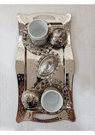 Resim Osmanlı Motifli 2 Kişilik Kahve Fincan Takımı Gümüş İşlemeli 