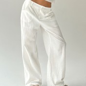Resim Kadın Yazlık Uzun Pantolon, Cepli Beyaz Günlük Yüksek Bel 653 