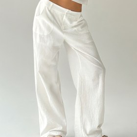 Resim Kadın Yazlık Uzun Pantolon, Cepli Beyaz Günlük Yüksek Bel 653 