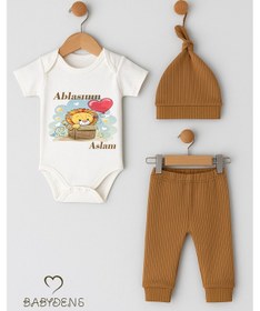 Resim Babyden's Ablasının Aslanı Yazılı 3 Lü Bebek Takımı %100 Pamuklu Çıtçıtlı Kısa Kol Body, Şapka Ve Fitilli Pantolon Set Kahverengi 