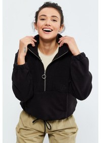 Resim Tommy Life Siyah Yarım Fermuar Etek Ucu Büzgülü Kadın Polar Oversize Sweatshirt - 97171 Siyah 