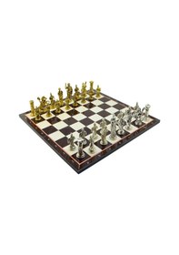 Resim Gifthome Battal Boy Metal Roma Satranç Takımı Parlak Ve Katlanır Ceviz Desenli Mdf Satranç Tahtası 43x43 Cm. 