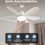 Resim Uzaktan Kumandalı ve Hafıza Fonksiyonlu Soketli Fan Işık - 51.56 cm Tavan Vantilatörü, 6 Kanatlı E27 Vidalı Tabanlı, 3 Kademeli Doğal Rüzgar & 2100 Lümen Ayarlanabilir Ampul (3000K-6500K), Yatak Odası, Mutfak, Garaj için Düz Montaj Profili 