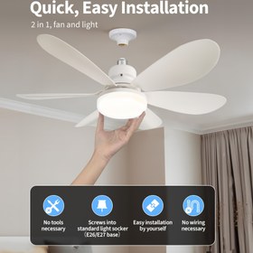 Resim Uzaktan Kumandalı ve Hafıza Fonksiyonlu Soketli Fan Işık - 51.56 cm Tavan Vantilatörü, 6 Kanatlı E27 Vidalı Tabanlı, 3 Kademeli Doğal Rüzgar & 2100 Lümen Ayarlanabilir Ampul (3000K-6500K), Yatak Odası, Mutfak, Garaj için Düz Montaj Profili 