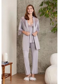 Resim Pierre Cardin 2820 Kadın Royal Dantelli Penye 3'lü Sabahlıklı Pijama Takım 
