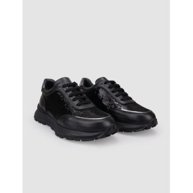 Resim Cabani %100 Hakiki Deri Siyah Bağcıklı Pul Detaylı Kadın Spor Ayakkabı 