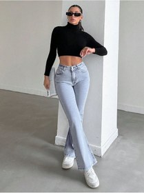 Resim Shevega Kadın Yüksek Bel Buz Kar Ispanyol Paça Kot Pantolon Mavi 
