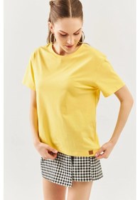 Resim Kadın Oversize Rahat %100 Pamuklu Penye Bisiklet Yaka Kısa Kol Basic T-shirt Sari 