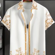 Resim Erkek Kısa Kollu Düğmeli Gömlek, Vintage Çiçek Desenli, %100 Polyester Dokuma Kumaş, Esnek Değil, Normal Beden, İlkbahar/Sonbahar Koleksiyonu 