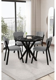 Resim Elma Mutfak Masası Takımı Yuvarlak 4 Kişilik Mutfak Yemek Masa Takımı Siyah Gri Siyah Mermer 