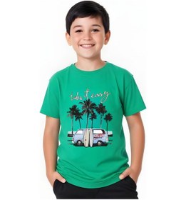 Resim Panios Kids Summer Van Baskılı Erkek Çocuk Yuvarlak Yaka Kısa Kollu T-shirt Yeşil 