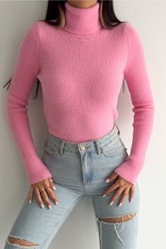 Resim FEMELLE Kadın Pembe Standart Beden Peluş Triko Boğazlı Kazak 