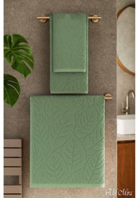 Resim Banyo & Yüz Havlusu Seti Dokulu %100 Pamuk 90x150 + 50x90 Cm Foliva Yeşil 