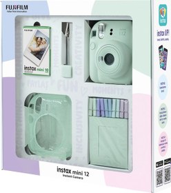 Resim Fujifilm Instax Mini 12 Fotoğraf Makinesi + 10'lu Film + Simli Pleksi Kılıf + Mandal + Kıskaçlı Resim Standı Yeşil 