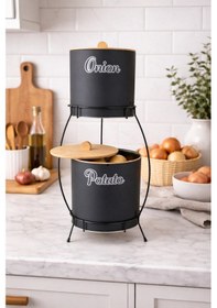 Resim Bambu Kapaklı Metal Patates Soğanlık Siyah Standlı Decorev Dc-7100 Siyah - Beyaz 