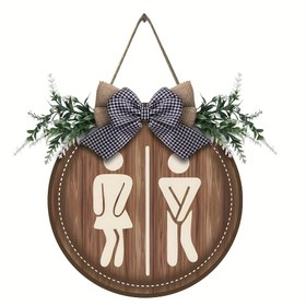 Resim Classic Style Farmhouse Restroom Sign - Manufactured Wood Wall Hanging Wreath with Plant Theme - Rustic Bathroom Art with Bow Accent, No Electricity or Feathers, Ideal for Christmas Decor (Pack of 1) 