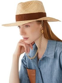 Resim Monogram İşlemeli Zincir Askılı Hasır Fedora Şapka - L 