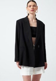 Resim Vatkalı ve Tek Düğmeli Oversize Blazer Ceket - Siyah - Siyah / 40 