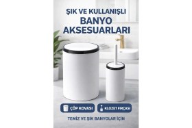 Resim Hijyenik Kapaklı Çöp Kovası ve Klozet Fırçası Seti, Banyo Için Uygun 