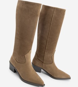 Resim Marjin Kadın Sivri Burun Kovboy Fermuarsız Western Çizme Mivez Taba Süet 