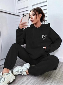 Resim Siyah Kalp Dijital Baskılı Kışlık Unisex Eşofman Takımı Siyah 