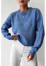 Resim Miss Poem Kadın Kışlık Bisiklet Yaka Basic Oversize Uzun Triko Kazak Mavi 