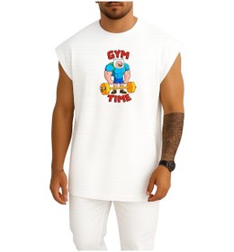 Resim Bahriyeli Collection Oversize Adventure Time Gym Fitness Göğüs Baskılı Atlet Beyaz 