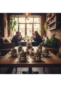 Resim Yonca Desenli 6 Kişilik Porselenli Kapaklı 24 Parça Antik Renk Fincan Seti Yeşil - Sarı 