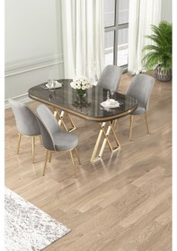 Resim Canisa Lai Serisi 90x168 Lak Panel Antrasit İroni Masa Ve 4 Gri Sandalye Gold Kaplama Ayak Antrasit İroni Masa Gri Sandalye Ayaklar Gold 